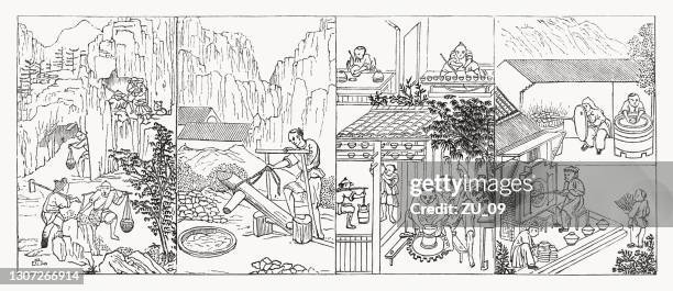 ilustraciones, imágenes clip art, dibujos animados e iconos de stock de producción de porcelana por parte de los chinos, grabado en madera, publicado en 1893 - porcelana china