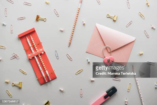 gently pink background with stationery. - pencil skirt beautiful bildbanksfoton och bilder