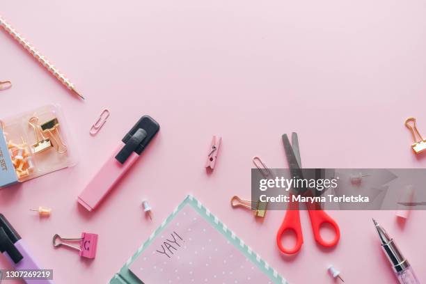 gently pink background with stationery. - crayola stock pictures, royalty-free photos & images