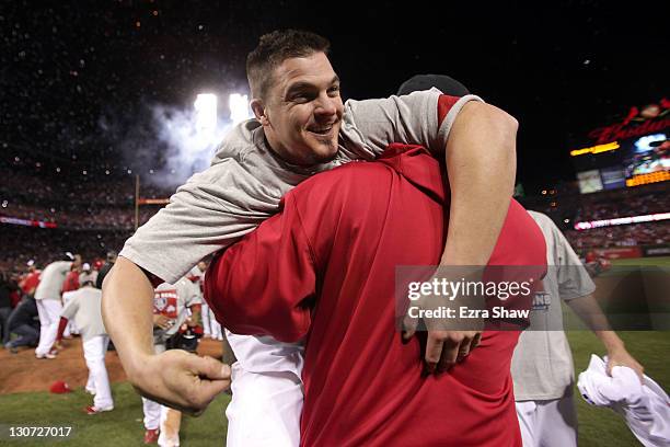 Ryan Theriot of the St. Louis Cardinals celebrates after defeating the Texas Rangers 6-2 to win Game Seven of the MLB World Series at Busch Stadium...