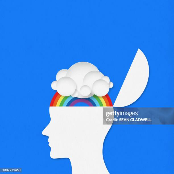 cloud and rainbow head illustration - opening head silhouette stock pictures, royalty-free photos & images