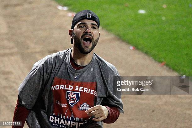 Jaime Garcia of the St. Louis Cardinals celebrates after defeating the Texas Rangers 6-2 to win Game Seven of the MLB World Series at Busch Stadium...