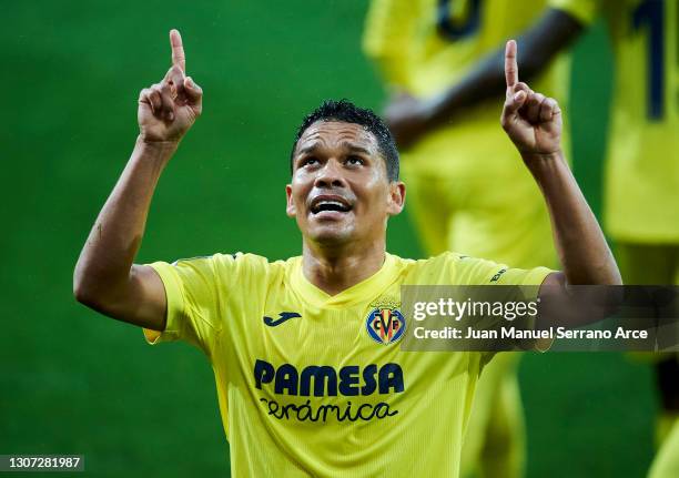 Carlos Bacca of Villarreal CF celebrates after scoring his team's second goal during the La Liga Santander match between SD Eibar and Villarreal CF...