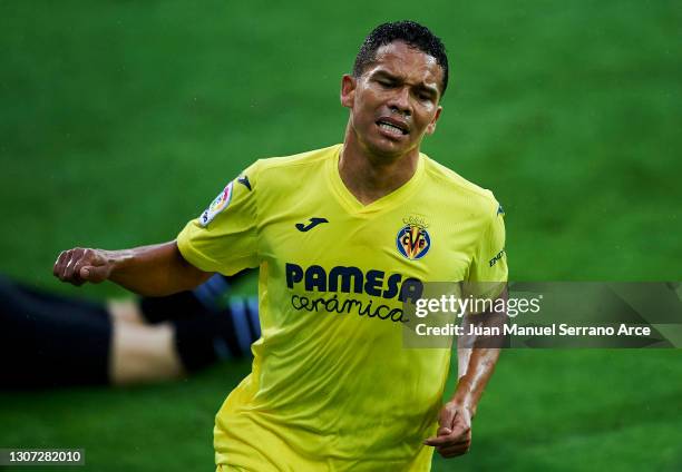 Carlos Bacca of Villarreal CF celebrates after scoring his team's second goal during the La Liga Santander match between SD Eibar and Villarreal CF...