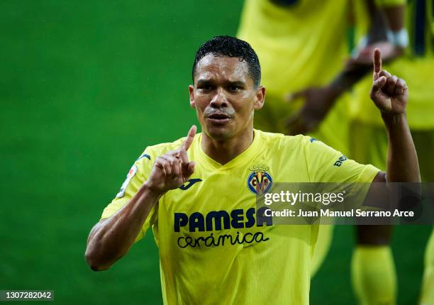 Carlos Bacca of Villarreal CF celebrates after scoring his team's second goal during the La Liga Santander match between SD Eibar and Villarreal CF...