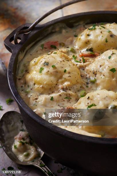 creamy chicken and dumplings - chowder stock pictures, royalty-free photos & images