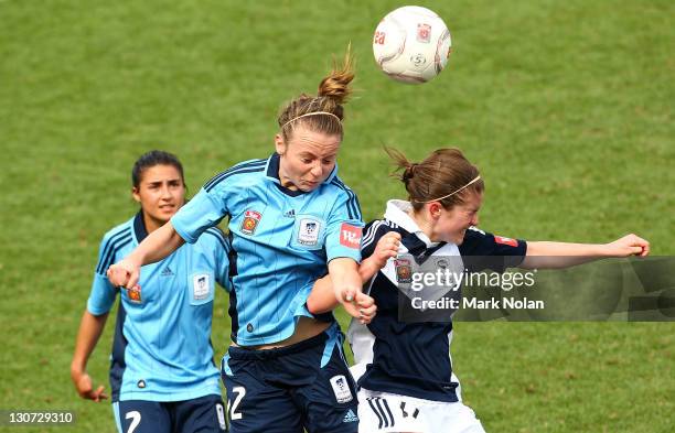 Teigan Allen of Sydney and Caitlin Friend of Melbourne contest possession during the round two W-League match between Sydney FC and the Melbourne...