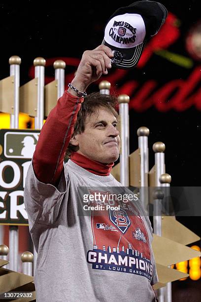 Manager Tony La Russa of the St. Louis Cardinals celebrates after defeating the Texas Rangers 6-2 in Game Seven of the MLB World Series at Busch...