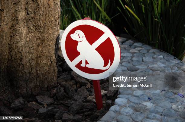 'no dogs allowed' sign next to a street tree and landscaped garden - warnschild hund stock-fotos und bilder
