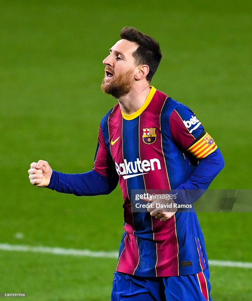 Lionel Messi of FC Barcelona celebrates after scoring his team's