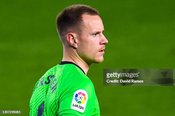 Marc-Andre ter Stegen of FC Barcelona looks on during the La Liga Santander match between FC Barcelona and SD Huesca at Camp Nou on March 15, 2021 in...