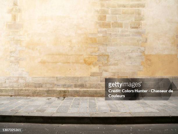 empty haussmann facade with paved sidewalk and street in paris - wall building feature stock pictures, royalty-free photos & images