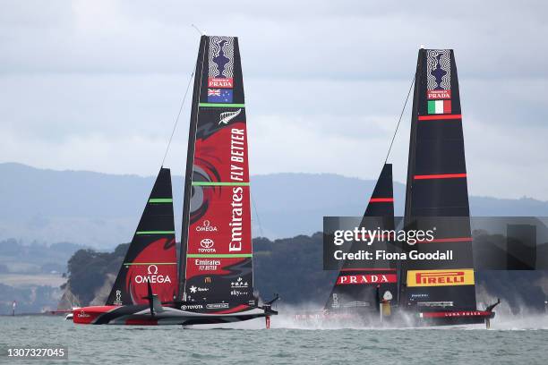 Emirates Team New Zealand leads Luna Rossa Prada Pirelli Team in America's Cup Race between Emirates Team New Zealand and Luna Rossa Prada Pirelli...