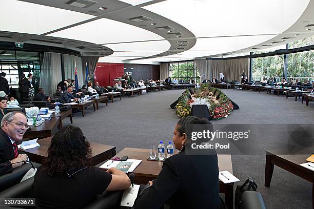 Commonwealth nations leaders talks at the CHOGM retreat on day two at the Commonwealth Heads of Government Meeting on October 29, 2011 in Perth,...