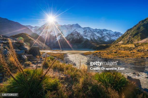 landscape of hooker valley track, mount cook national park, new zealand - mount cook stock pictures, royalty-free photos & images