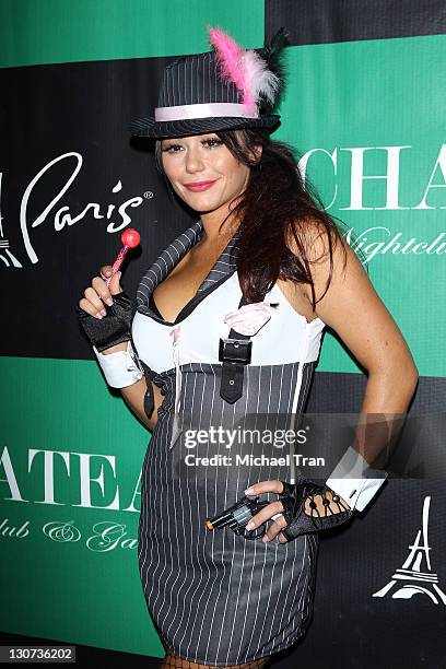 Jenni "JWoww" Farley arrives at the "Pimp N Ho" costume ball held at Chateau Nightclub & Gardens on October 28, 2011 in Las Vegas, Nevada.