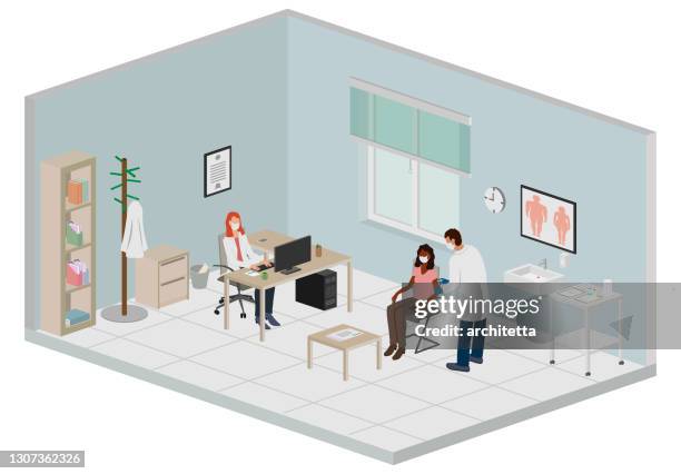 ilustraciones, imágenes clip art, dibujos animados e iconos de stock de vacunación en la sala del médico, perspectiva isométrica - visita