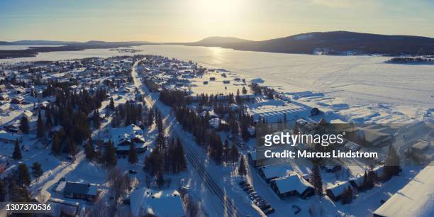 aerial view of jukkasjärvi in lapland - ice palace stock pictures, royalty-free photos & images