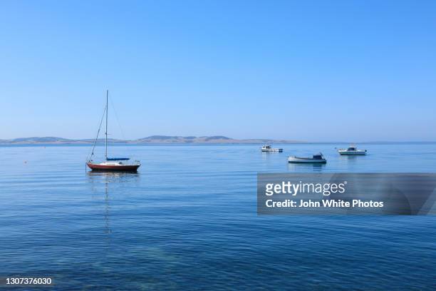 boats on boston bay. port lincoln. south australia. - port lincoln stock-fotos und bilder