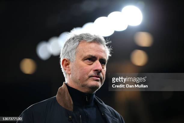 Jose Mourinho, Manager of Tottenham Hotspur looks on following the Premier League match between Arsenal and Tottenham Hotspur at Emirates Stadium on...
