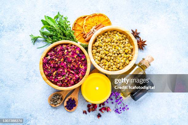 aromatherapy and herbal medicine - herb stock pictures, royalty-free photos & images