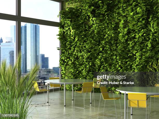 green office with two conference tables - wand grün stock-fotos und bilder