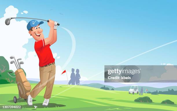 mann spielt golf auf einem schönen golfplatz - golf stock-grafiken, -clipart, -cartoons und -symbole