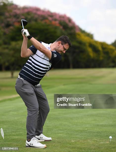 Ondrej Lieser of Czech Reublic plays a shot during practice prior to the start of the Magical Kenya Open at Karen Country Club on March 16, 2021 in...