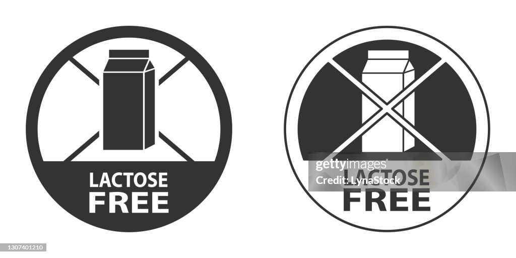Iconos libres de lactosa, sellos establecidos. Ilustración vectorial aislada sobre fondo blanco. Insignia o pegatina diseño plano. Concepto de alimentos saludables. No hay símbolo lácteo para el envasado de alimentos o nutrición de productos dietétic
