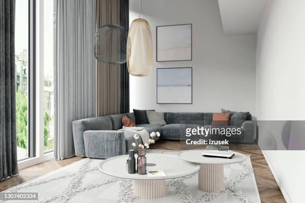 3d rendering of living room interior - area rug stock pictures, royalty-free photos & images