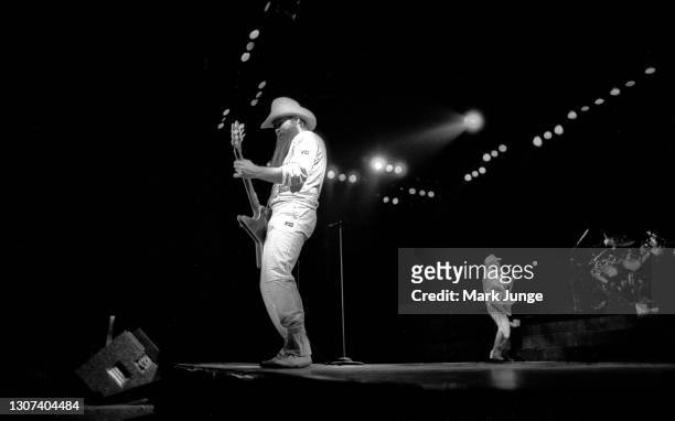 Top lead guitarist and vocalist Billy Gibbons and bassist Dusty Hill perform during the Eliminator Tour at the University of Wyoming Arena-Auditorium...