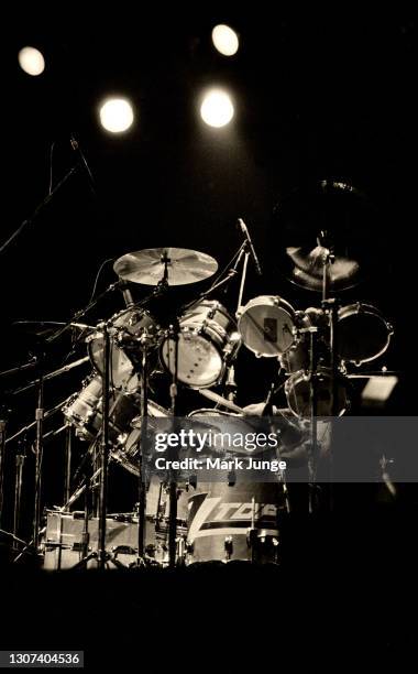 Top drummer Frank Beard is obscured by his drums during ZZ Top’s Eliminator Tour at the University of Wyoming Arena-Auditorium on January 27, 1984 in...
