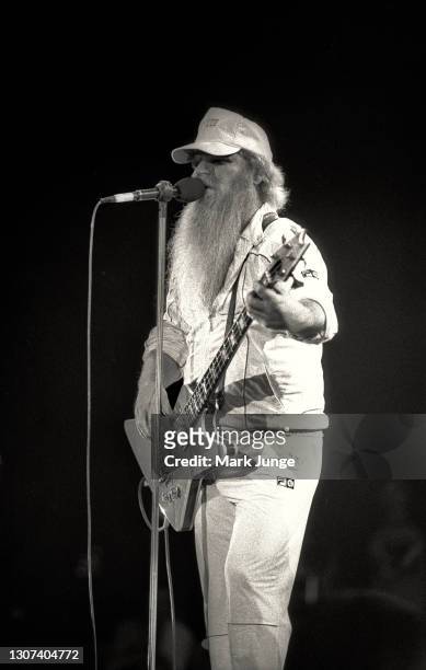 Top bassist Dusty Hill performs during the Eliminator Tour at the University of Wyoming Arena-Auditorium on January 27, 1984 in Laramie, Wyoming....