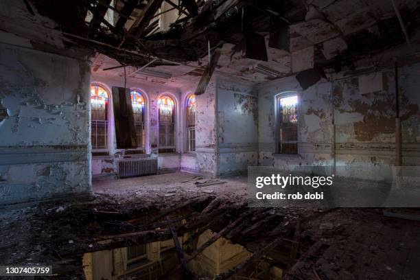 stained glass rotting interior inside abandoned mental asylum - psychiatric hospital stock pictures, royalty-free photos & images