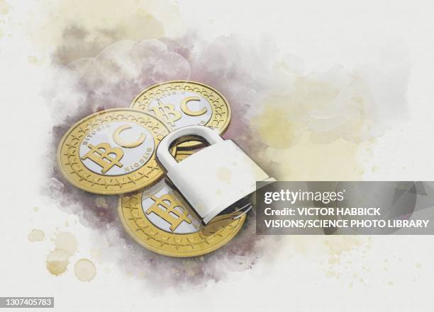 bitcoin security, conceptual illustration - victor habbick stock pictures, royalty-free photos & images