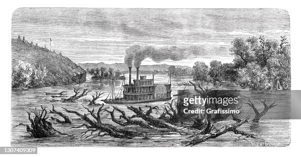 stockillustraties, clipart, cartoons en iconen met de stoomboot "iowa" van de peddel op de rivier missouri van de mississippi 1864 - river mississippi