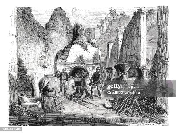 archaeologist discovering antique bakery with bread in pompeii 1864 - pompeii stock illustrations