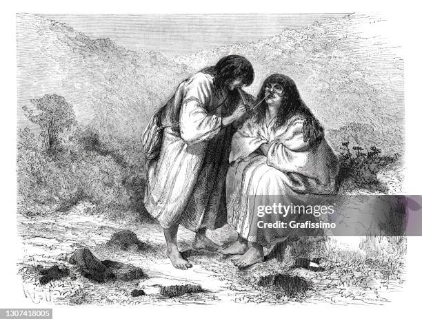 two indigenous native americans using tobacco in peru - amazon rainforest stock illustrations