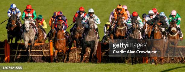 General view as runners in action during The Boodles Juvenile Handicap Hurdle at Cheltenham Racecourse on March 16, 2021 in Cheltenham, England....