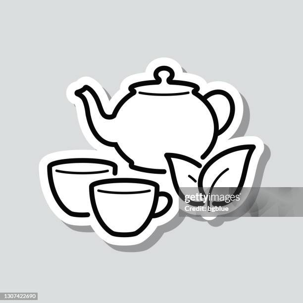 teekanne und tasse. icon-aufkleber auf grauem hintergrund - afternoon tea stock-grafiken, -clipart, -cartoons und -symbole