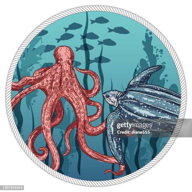 underwater scene with fish - leatherback turtle stock illustrations