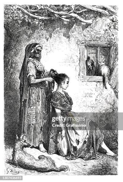 ilustraciones, imágenes clip art, dibujos animados e iconos de stock de abuela haciendo el pelo de joven gitana cerca de diezma 1864 - diezma