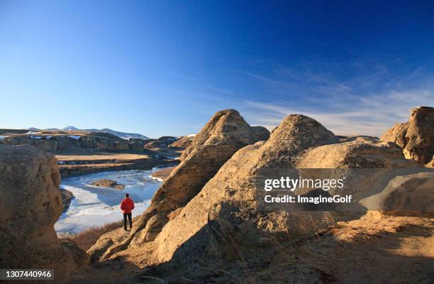 homem admirando incrível vista no parque provincial de escrita em pedra em alberta canadá - badlands - fotografias e filmes do acervo