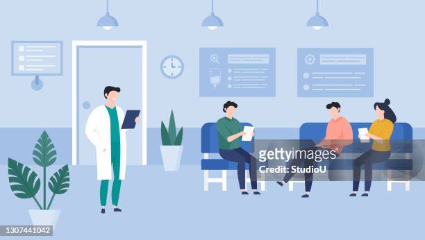 ilustrações de stock, clip art, desenhos animados e ícones de waiting room of hospital illustration - examination room