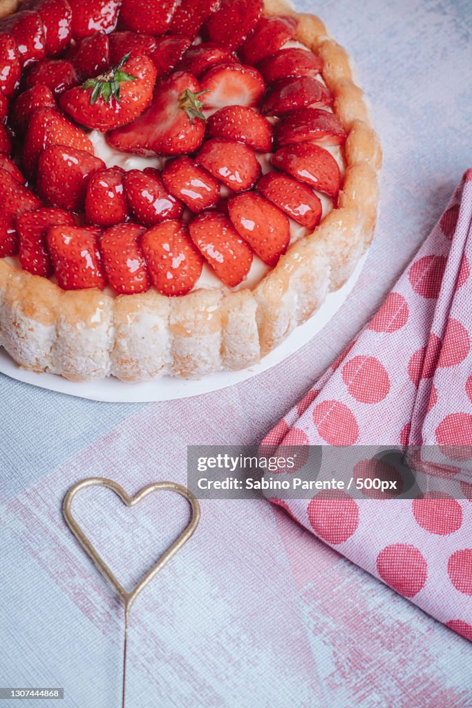 High angle view of sweet pie on table
