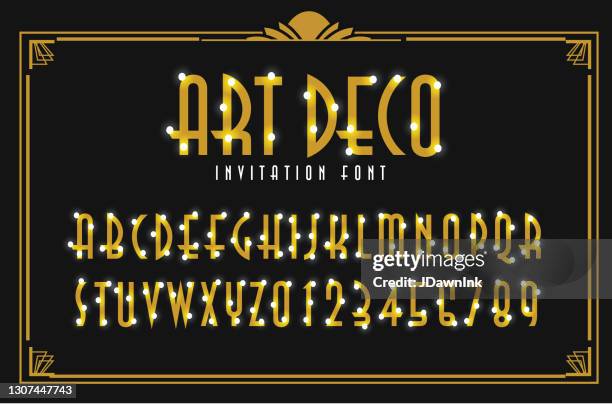 illustrazioni stock, clip art, cartoni animati e icone di tendenza di art deco party invito lettera maiuscola d'oro testo carattere design con luci incandescenti - art déco
