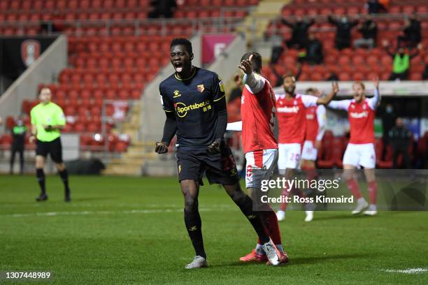 Ismaila Sarr of Watford FC celebrates after scoring their team's second goal during the Sky Bet Championship match between Rotherham United and...