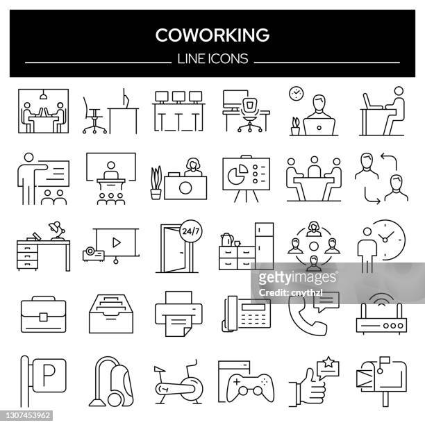 set of coworking related line icons. outline symbol collection, editable stroke - co working space stock illustrations