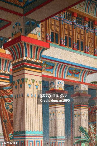 stockillustraties, clipart, cartoons en iconen met detail van oude egyptische architectuur, kolommen en kapitalen, geschilderde fresco's - fresco