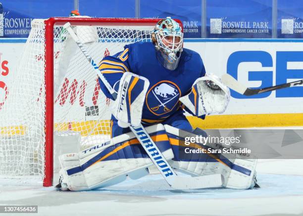 Carter Hutton of the Buffalo Sabres tends goal during an NHL game against the Washington Capitals on March 15, 2021 at KeyBank Center in Buffalo, New...